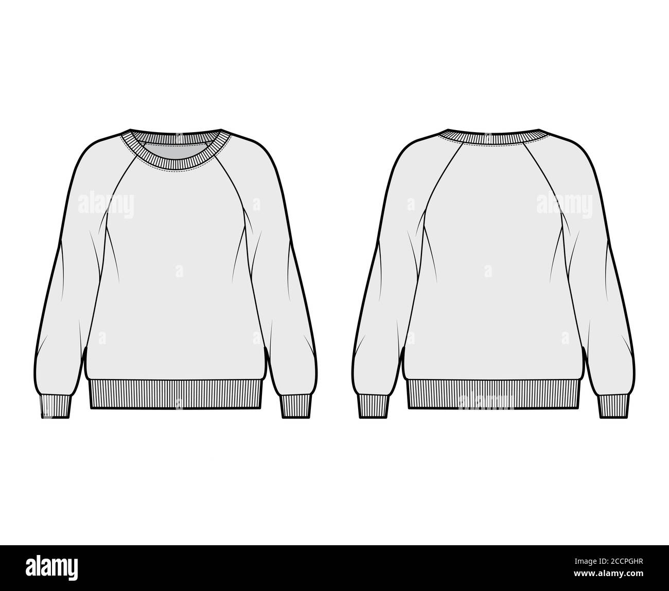 Oversized cotton-terry sweatshirt technical fashion illustration with scoop neckline, long raglan sleeves, ribbed trims. Flat jumper apparel template front back grey color. Women, men unisex top CAD Stock Vector