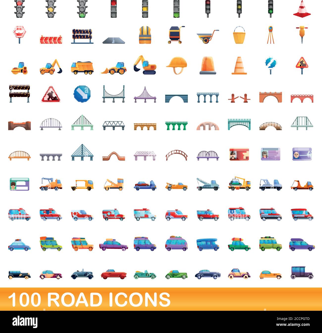100 road icons set. Cartoon illustration of 100 road icons vector set ...
