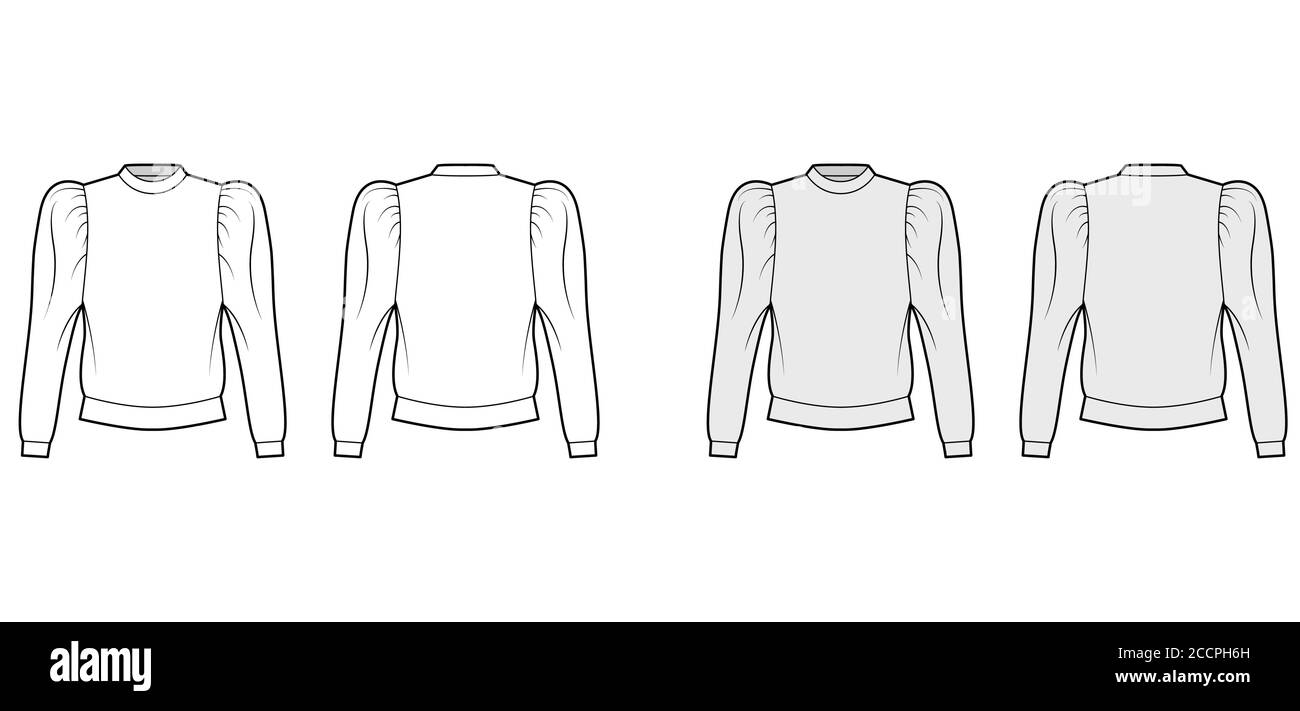 Cotton-jersey sweatshirt technical fashion illustration with relaxed fit, crew neckline, gathered, puffy long sleeves. Flat jumper apparel template front, back white, grey color. Women men, unisex top Stock Vector