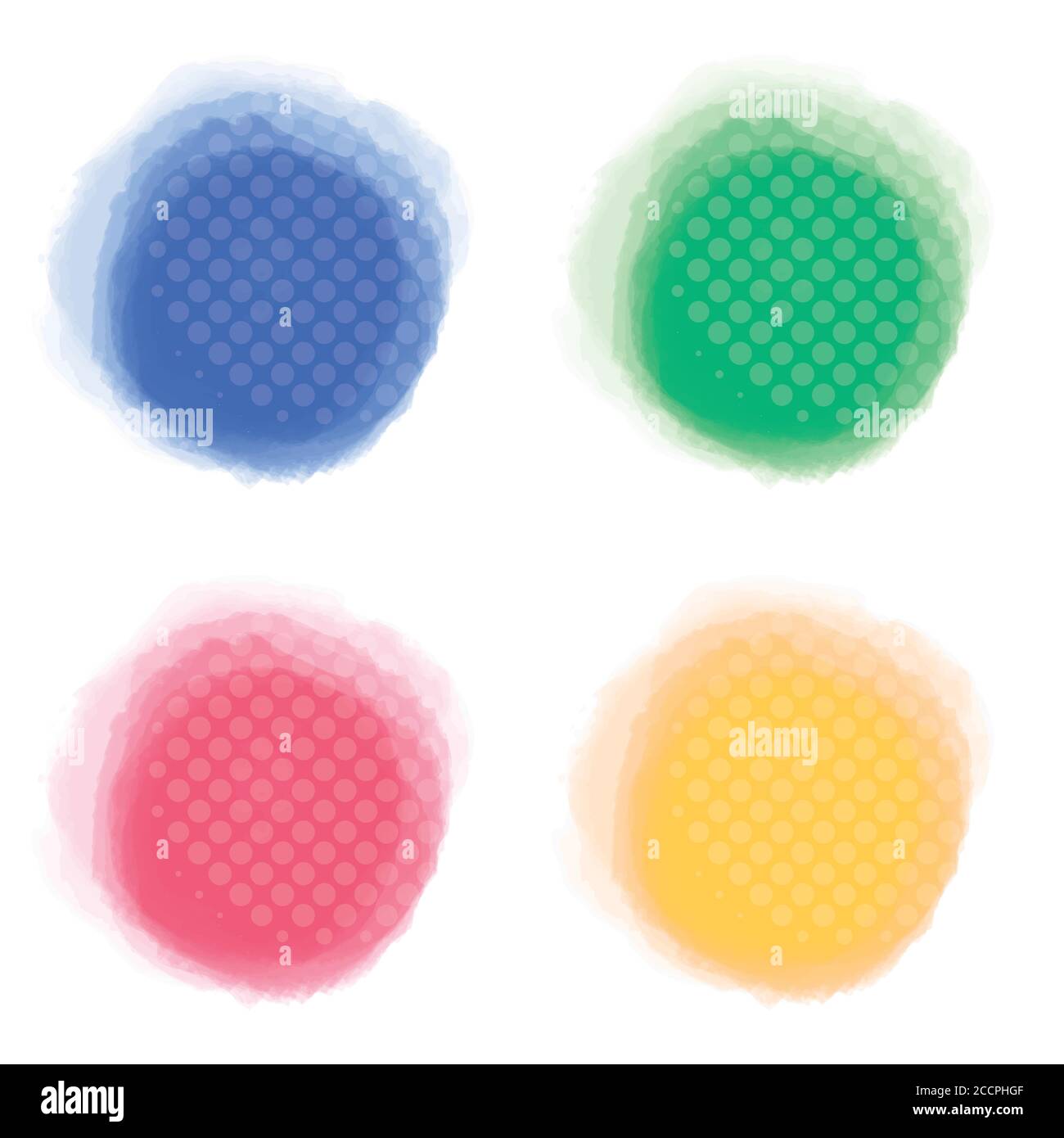 A set of four watercolour and halftone frames for text . Blue, green, pink and yellow circles, with offset white halftone overlays. EPS10 vector forma Stock Vector