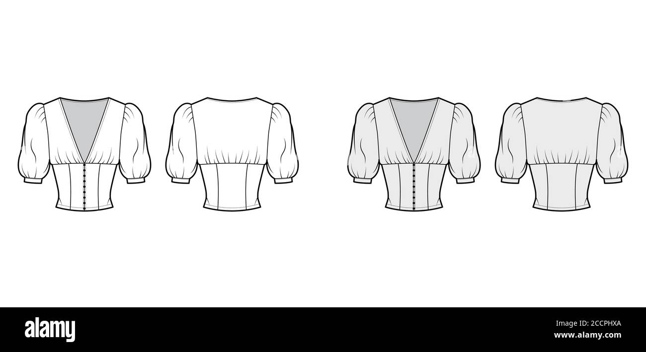Cropped top technical fashion illustration with short sleeves, puffed shoulders, front button fastenings, fitted body. Flat shirt template front back white, grey color. Women men, unisex blouse CAD Stock Vector