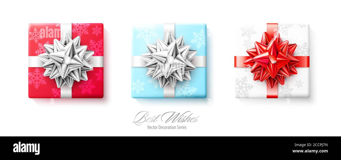 Set of gifts boxes with silver red bows and ribbons isolated on white background Stock Vector