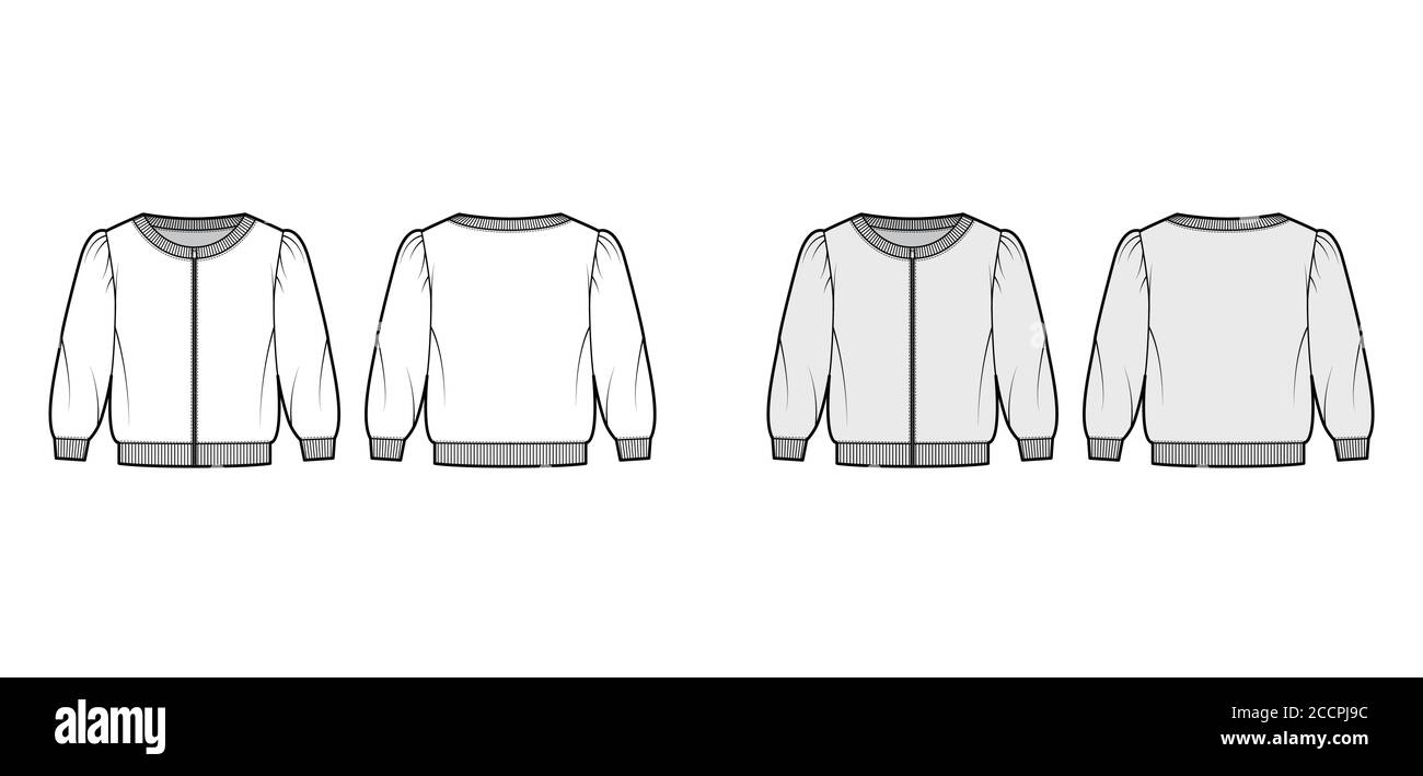 Zip-up cropped cotton-terry sweatshirt technical fashion illustration with scoop neckline, puffed shoulders, elbow sleeves. Flat jumper template front back white grey color. Women, men unisex top Stock Vector