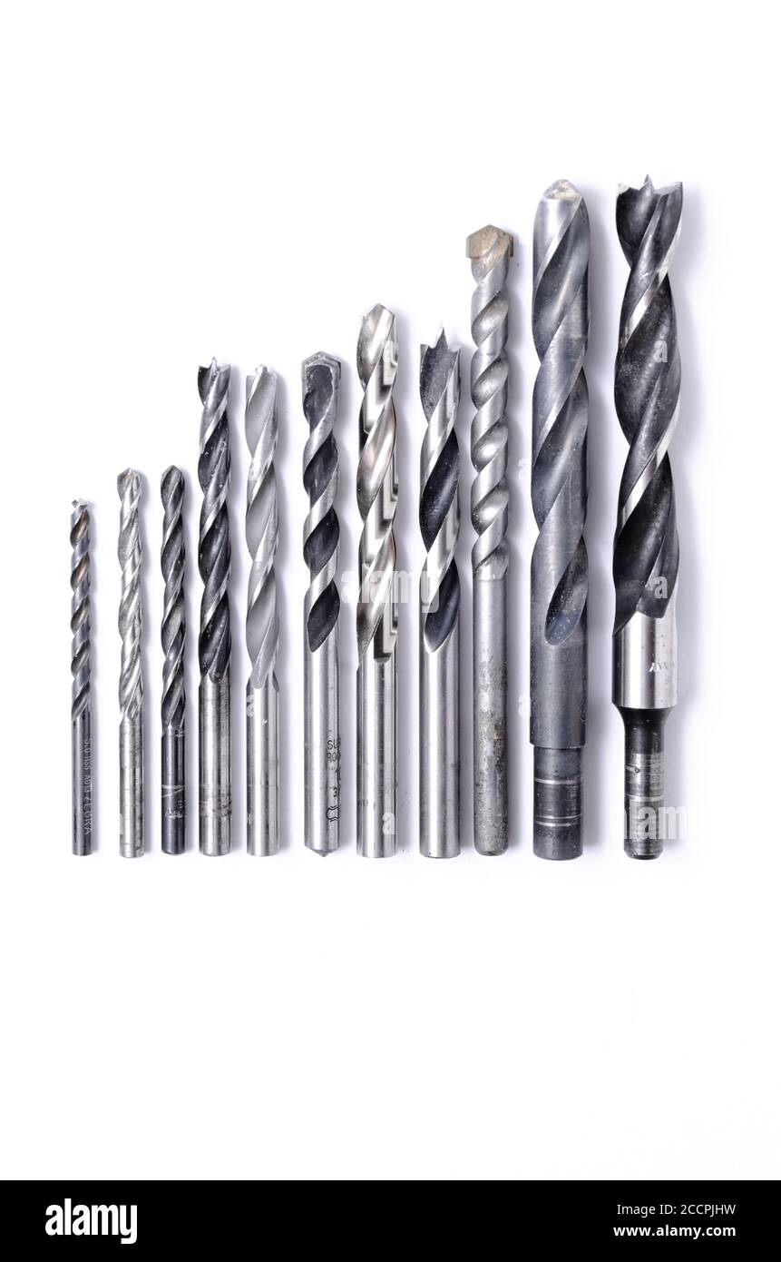 Group of metal wood drill bits, assorted, isolated on white background