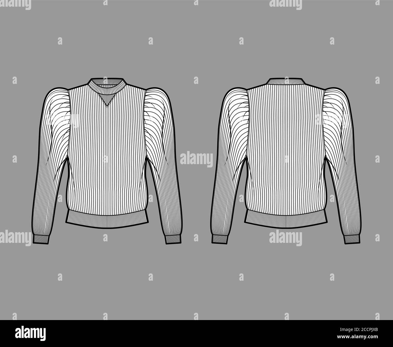 Ribbed cotton-jersey sweatshirt technical fashion illustration with gathered, puffy long sleeves, relaxed fit. Flat jumper apparel template front back white color. Women men unisex top knit CAD mockup Stock Vector
