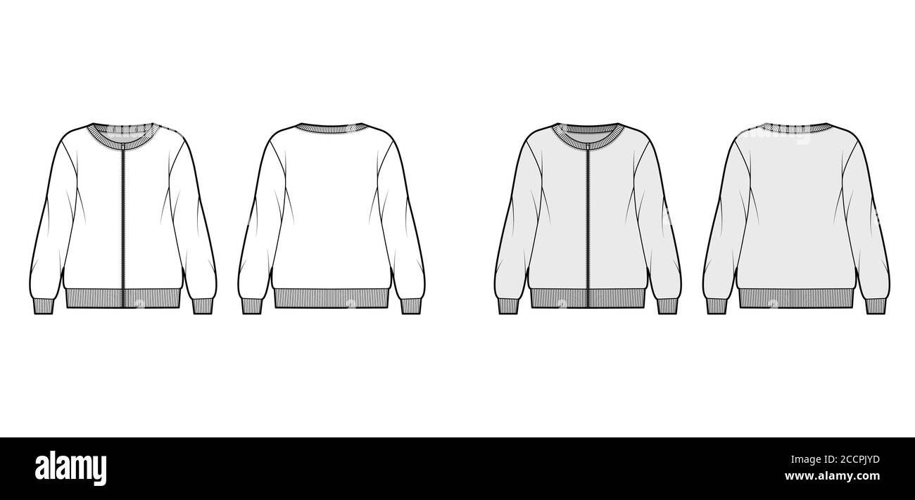 Zip Up Oversized Cotton Terry Sweatshirt Technical Fashion Illustration With Scoop Neckline Long Sleeves Ribbed Trims Flat Jumper Apparel Template Front Back White Grey Color Women Men Unisex Top Stock Vector Image Art