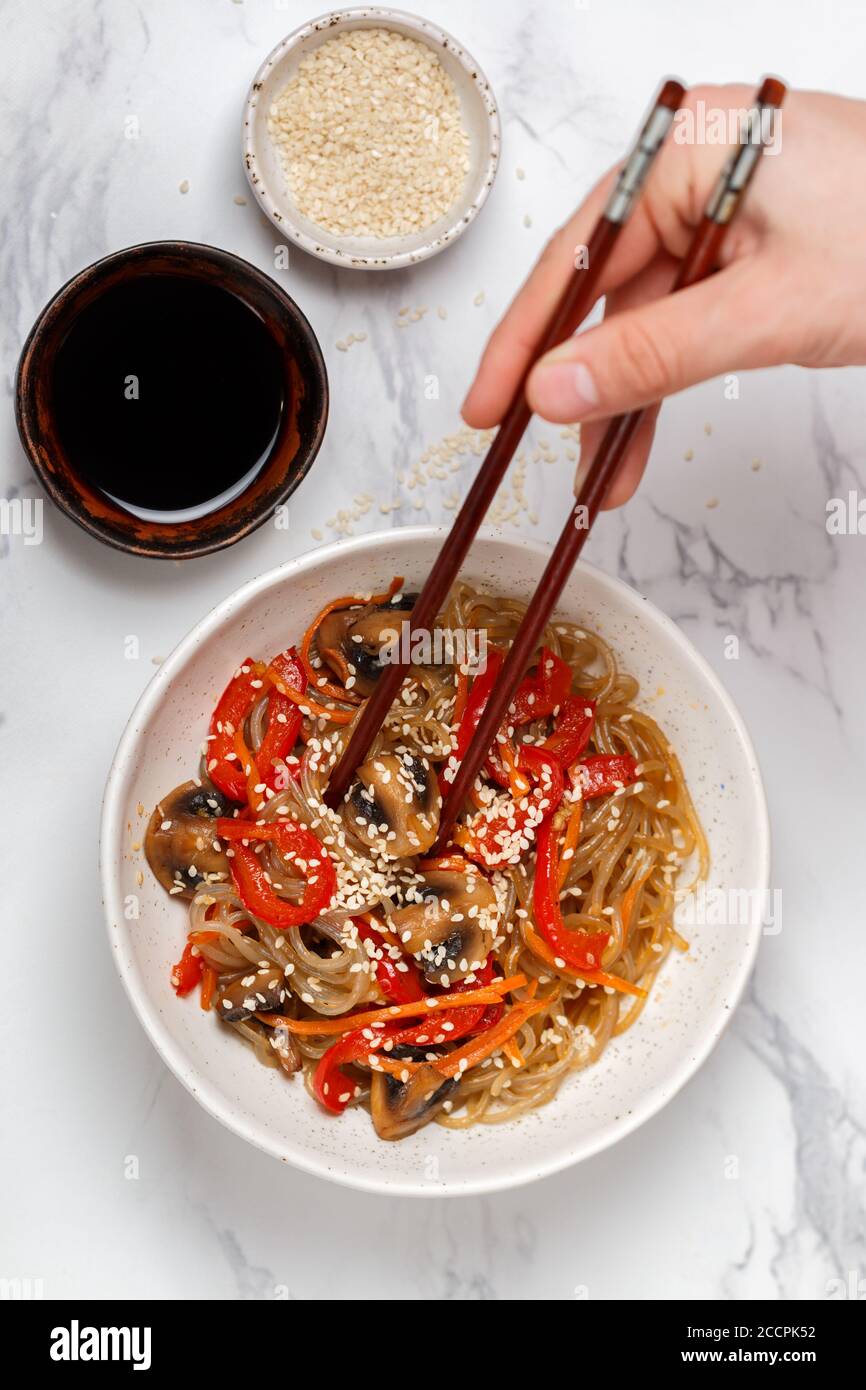 Starch (rice, potato) noodles with mushrooms and vegetablesbell