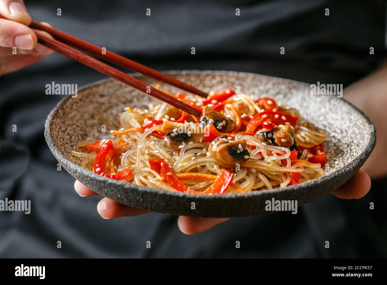 Starch (rice, potato) noodles with mushrooms and vegetablesbell