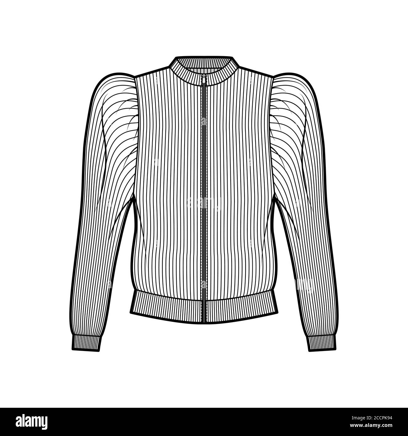 Zip-up ribbed cotton-jersey sweatshirt technical fashion illustration with gathered, puffy long sleeves, relaxed fit. Flat jumper apparel template front, white color. Women men unisex top knit CAD Stock Vector