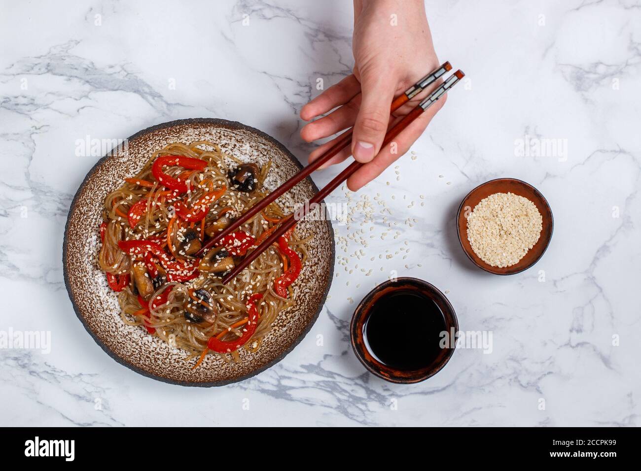 Starch (rice, potato) noodles with mushrooms and vegetablesbell