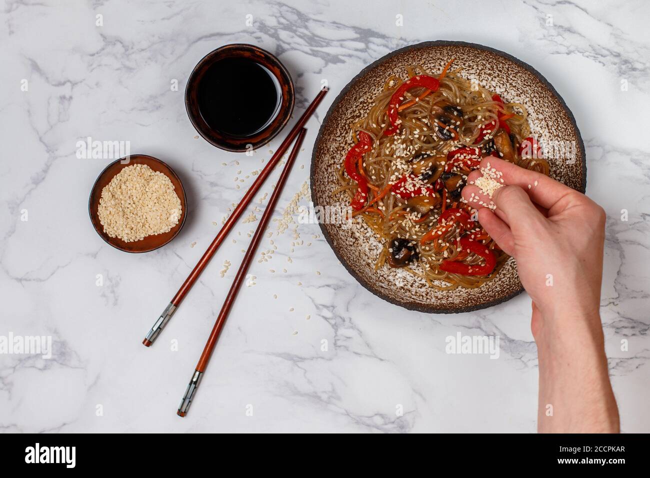 Starch (rice, potato) noodles with mushrooms and vegetablesbell