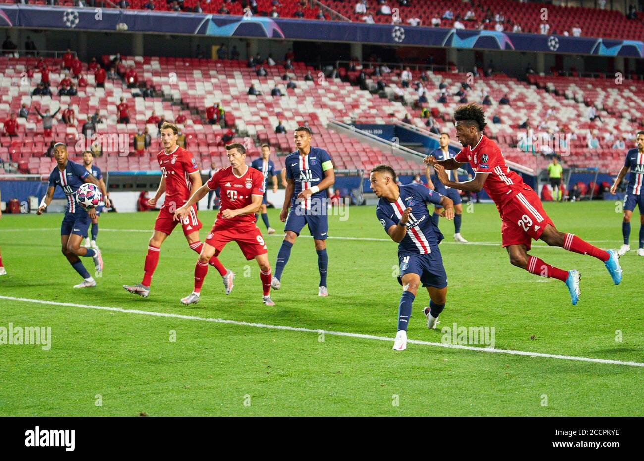 Lisbon, Lissabon, Portugal, 23rd August 2020.  Kingsley COMAN, FCB 29   scores, shoots goal for , Tor, Treffer, 1-0 against Thilo KEHRER, PSG 4 , Robert LEWANDOWSKI, FCB 9 Thiago SILVA, PSG 2 Leon GORETZKA, FCB 18  watch in the final match UEFA Champions League, final tournament FC BAYERN MUENCHEN - PARIS ST. GERMAIN (PSG) 1-0 in season 2019/2020, FCB,  © Peter Schatz / Alamy Live News / Pool   - UEFA REGULATIONS PROHIBIT ANY USE OF PHOTOGRAPHS as IMAGE SEQUENCES and/or QUASI-VIDEO -  National and international News-Agencies OUT Editorial Use ONLY Stock Photo