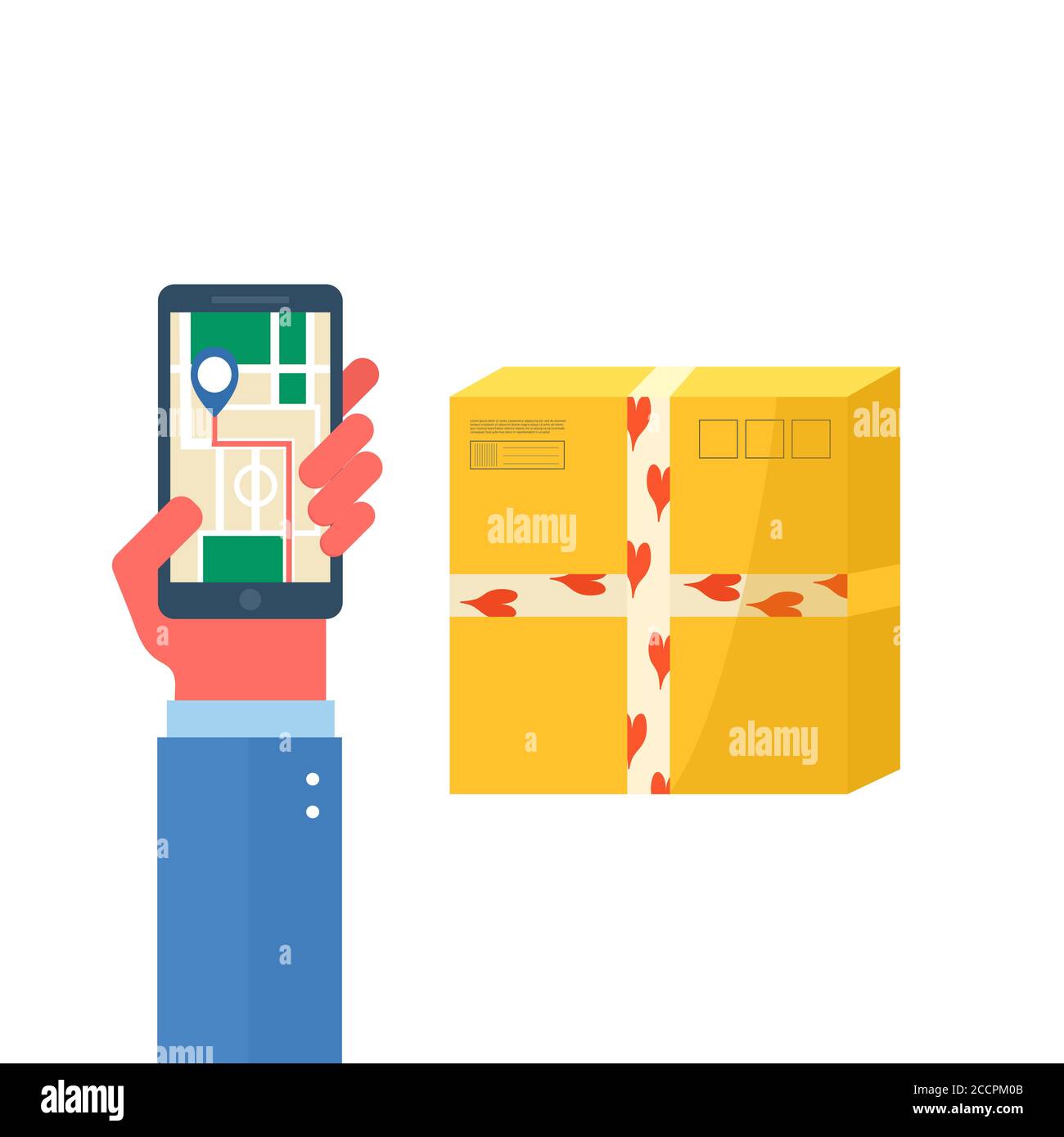 Hand holding phone ith template for online delivery service concept with carton packages and delivery icons. Web page with postal parcels, packs, boxe Stock Vector