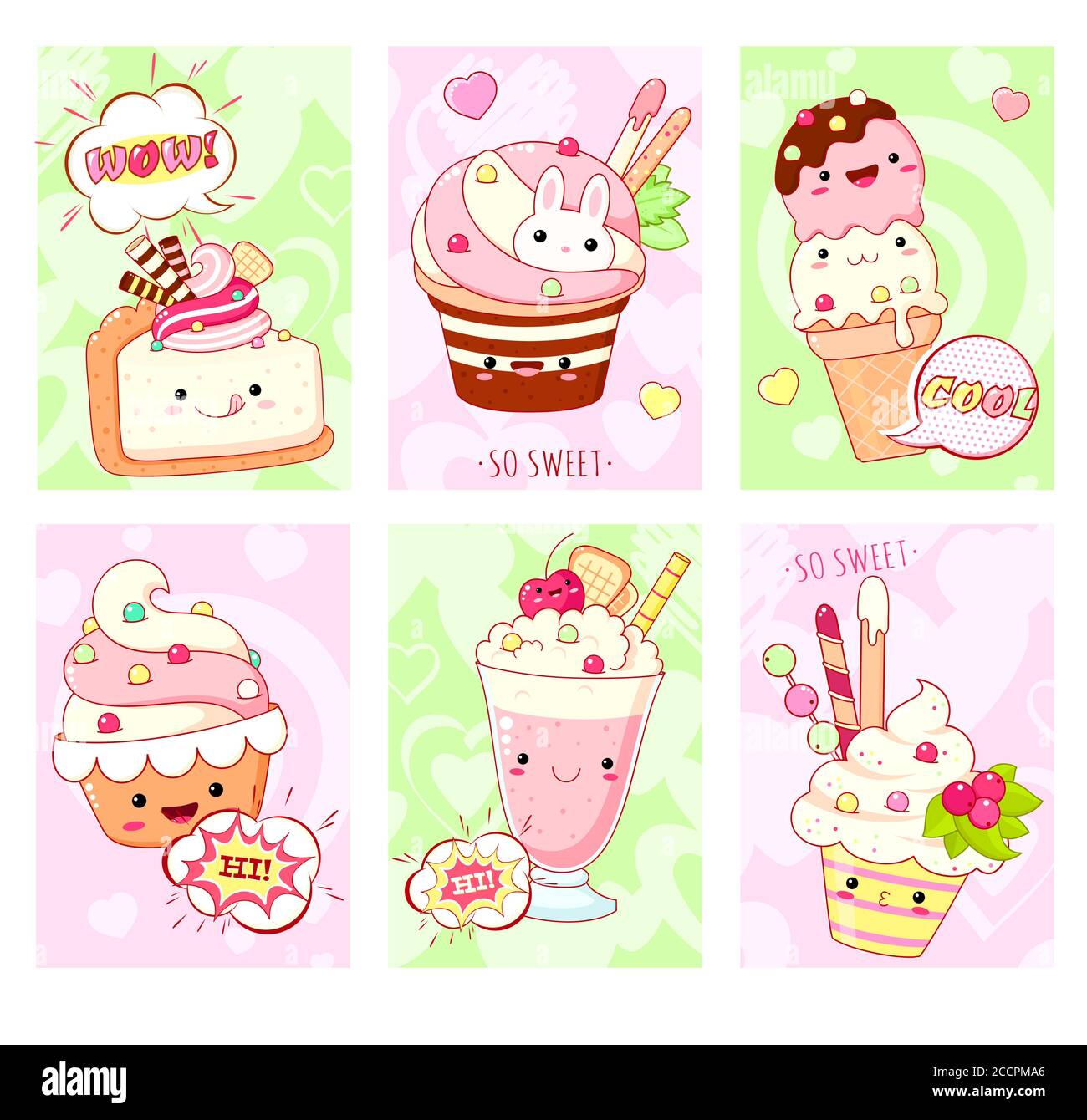 Set of cards with cute sweet desserts in kawaii style with smiling face and  pink cheeks. Ice cream, cake, sundae kids, cupcake, donuts. Collection of  Stock Vector Image & Art - Alamy