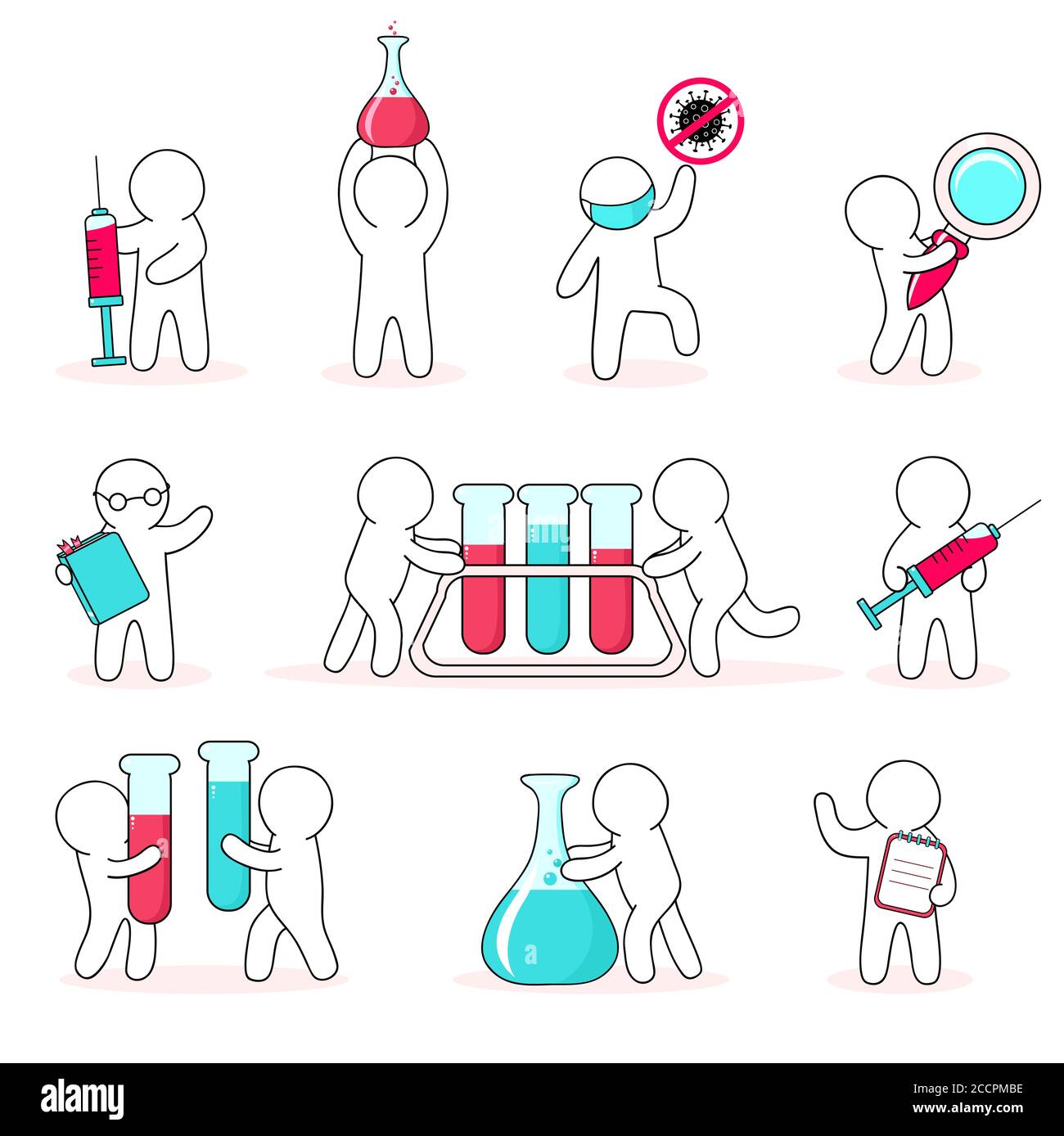 Biology research and development concept. Set of white simple puppets with tubes and flasks. New vaccine test. Collection of virus and bacteria resear Stock Vector