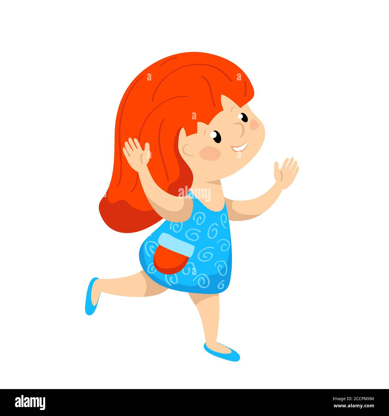 Cute girl running, cartoon vector character isolated. Happy kid playing. Red  hair girl in blue dress. Cute character on white background. Jumping chil  Stock Vector Image & Art - Alamy