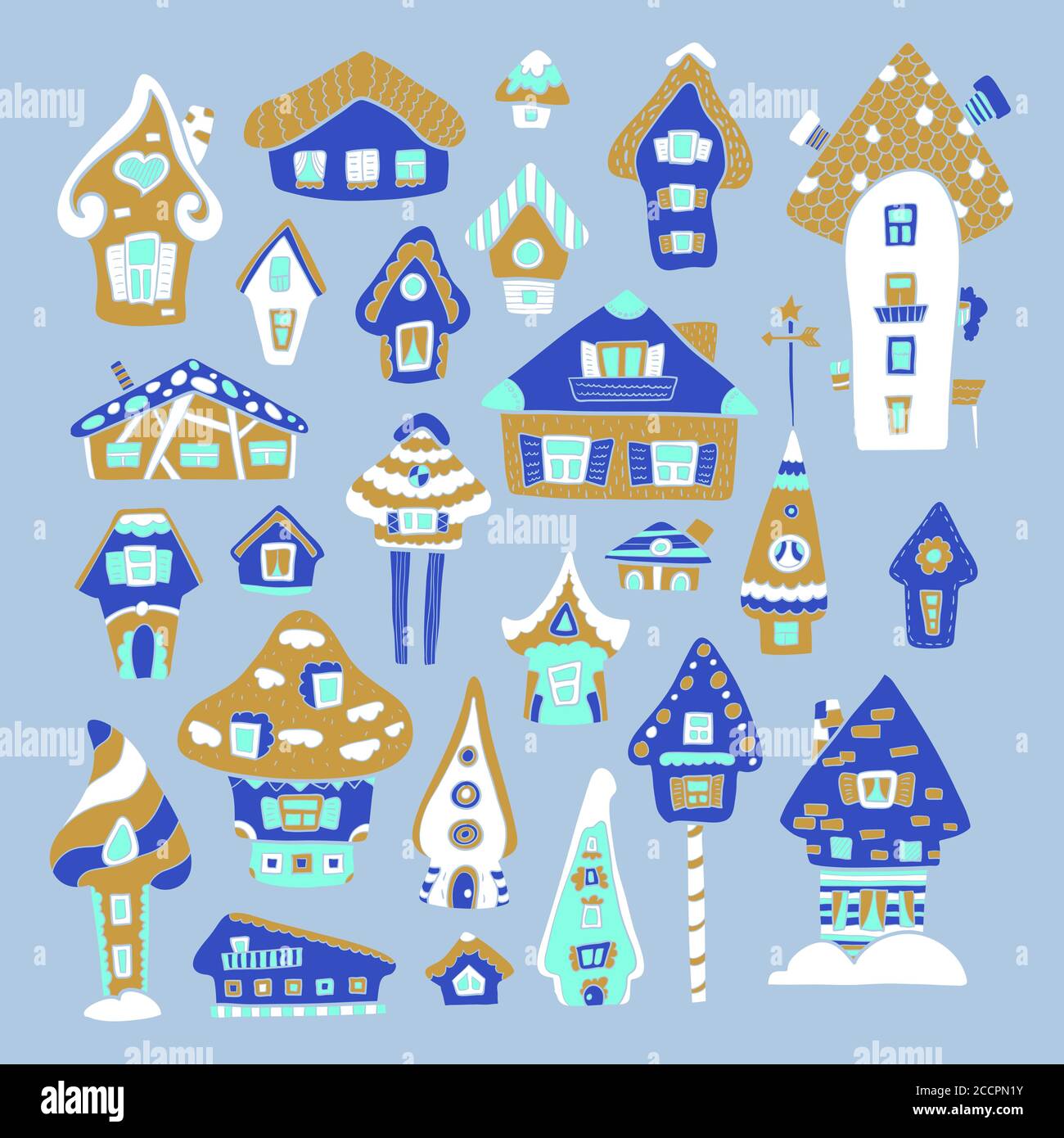 Doodle house vector illustration. Golden blue winter seasonal print. Kids nursery poster. Advent calendar template. Christmas or New Year greeting car Stock Vector