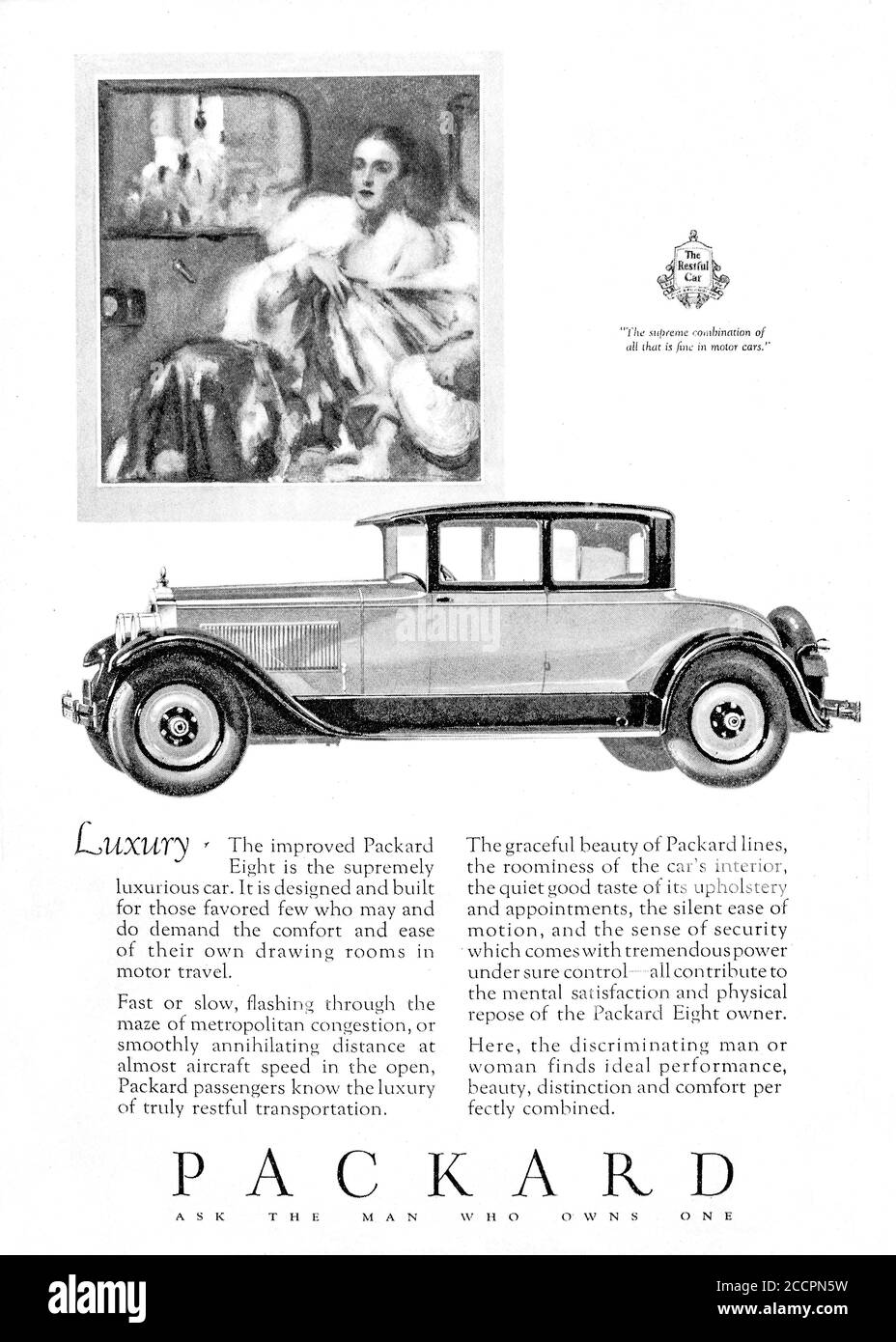 Advertisement circa 1927, for the The Packard Eight a luxury automobile produced by Packard  Motor Car Company of Detroit, Michigan, United States. Stock Photo