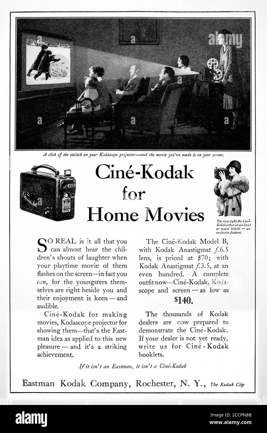 Advertisement circa 1927, for Cine-Kodak film projector produced by the Eastman Kodak Company of Rochester, New York, USA Stock Photo