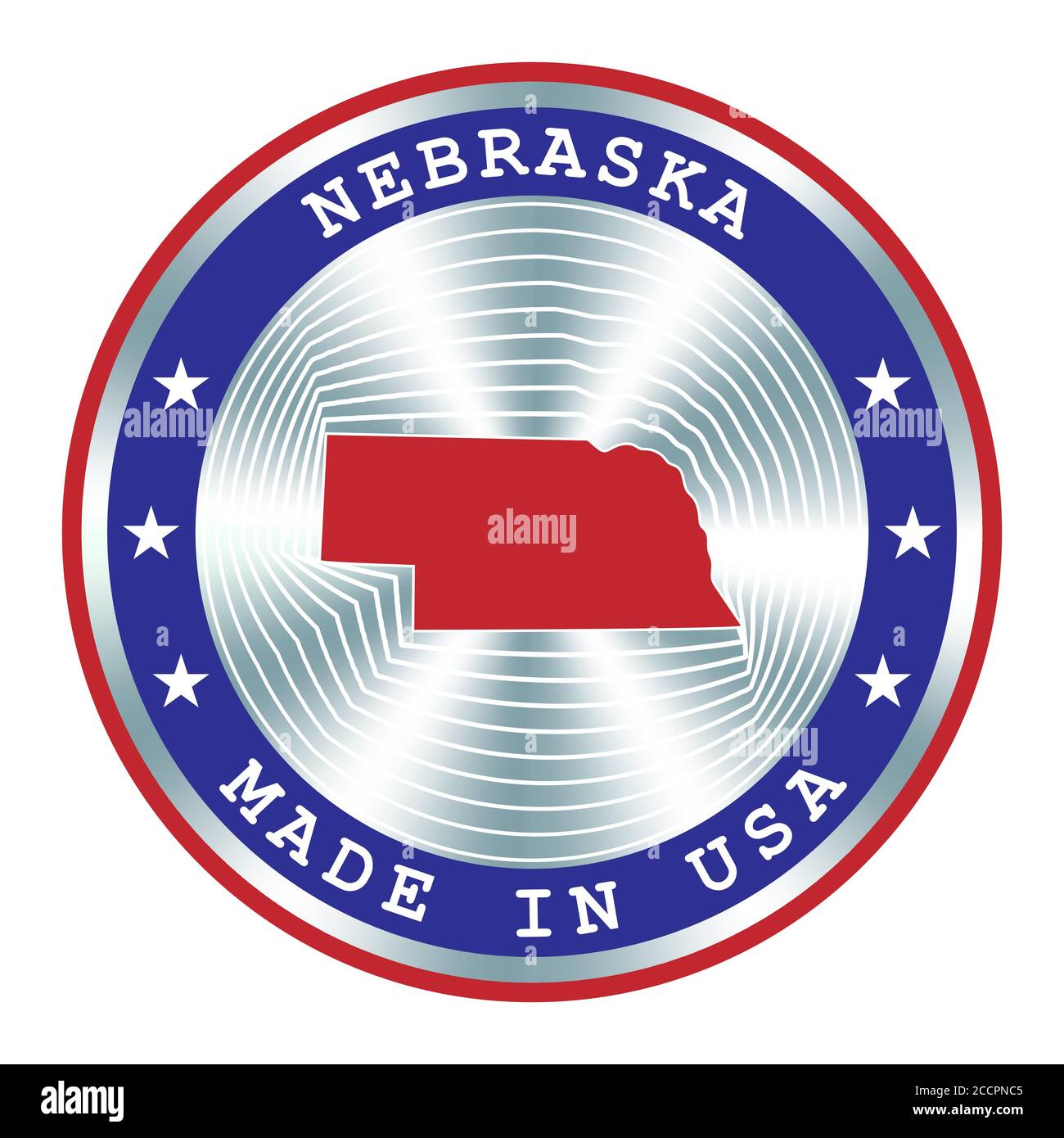 Made in Nebraska local production sign, sticker, seal, stamp. Round hologram sign for label design and national marketing Stock Vector
