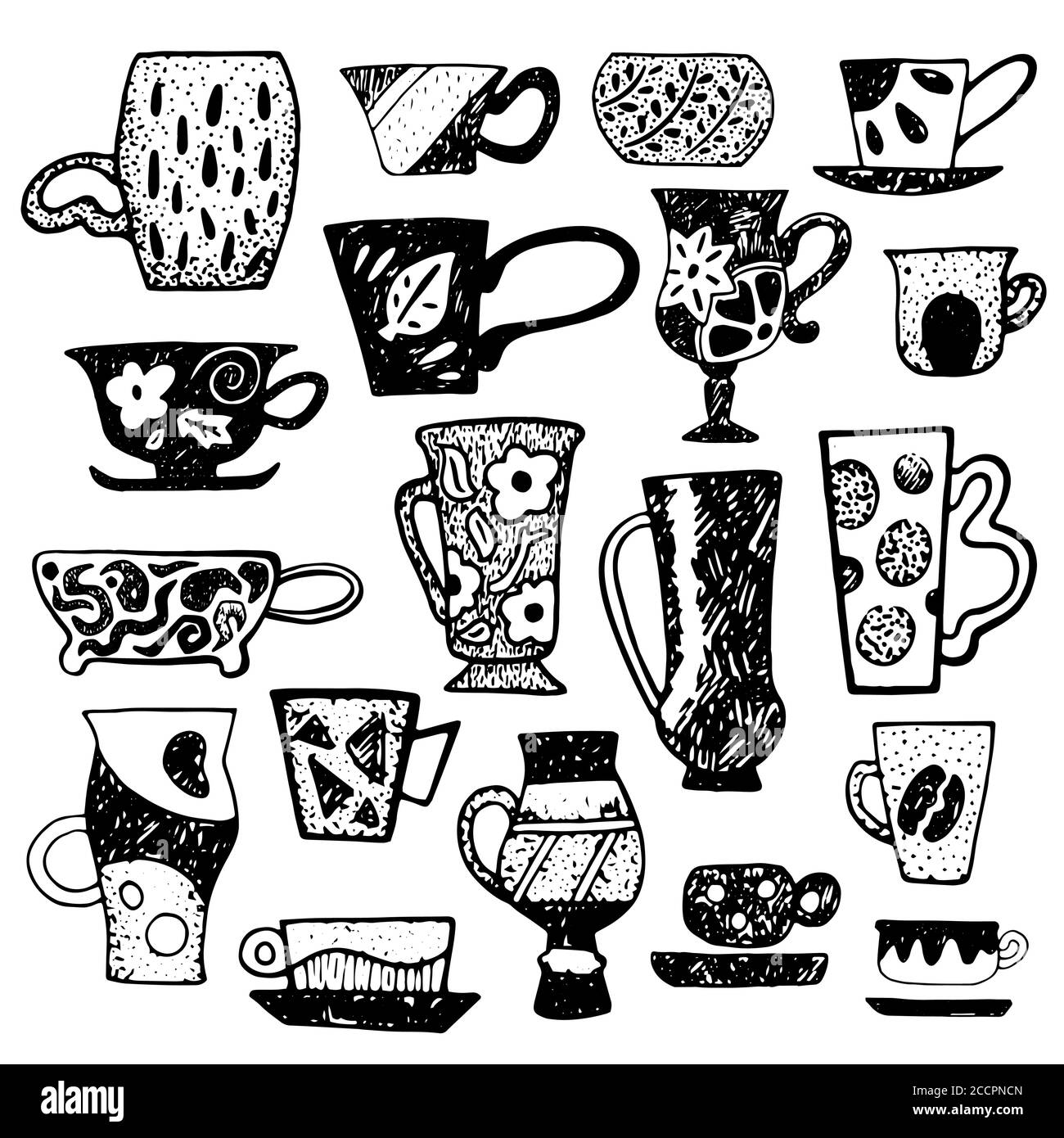 Rustic tea cup set with linocut ornament. Teacup vector illustration isolated. Cups pattern for coffee shop design. Vintage and modern mug for tea or Stock Vector