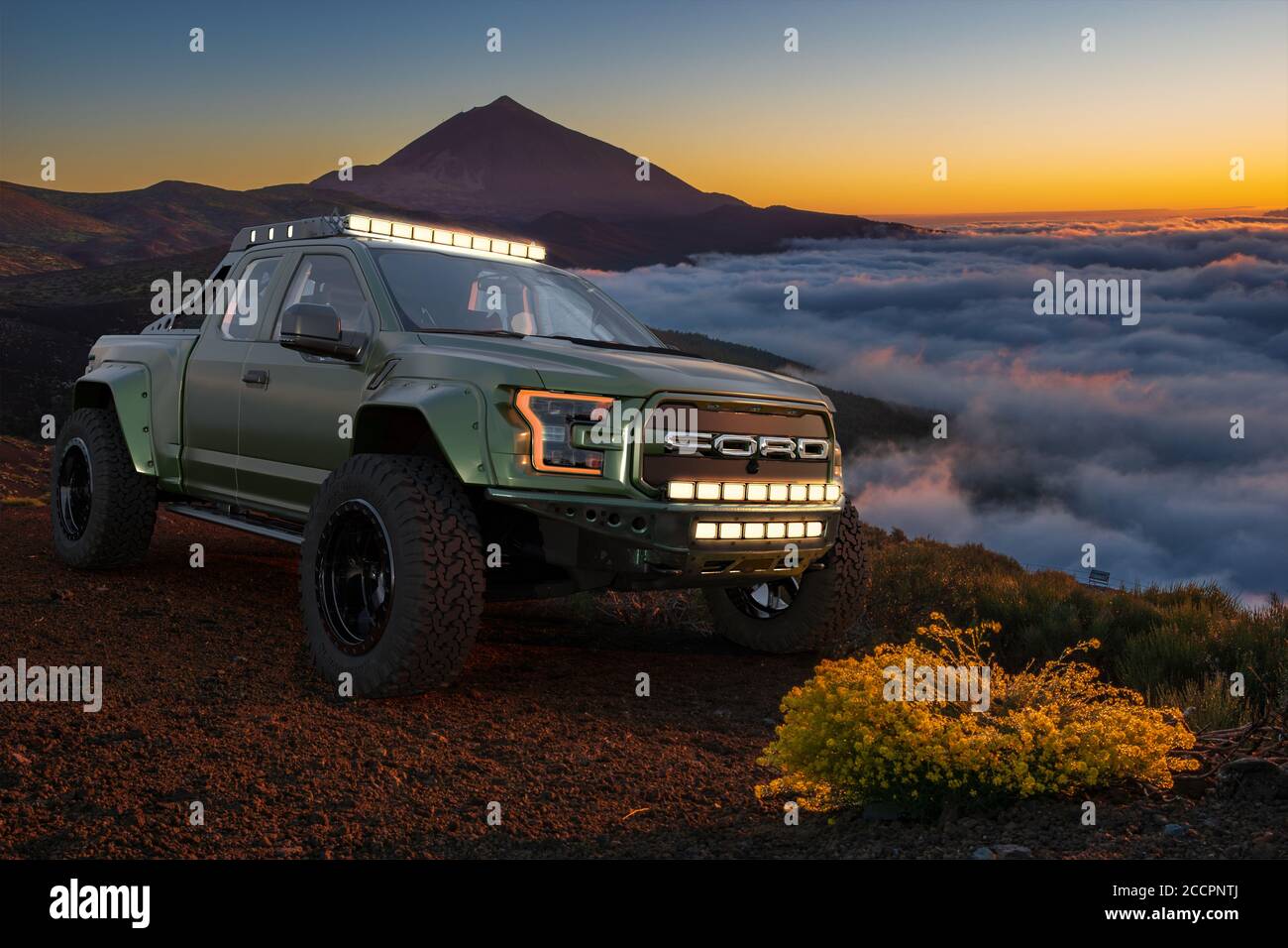 Ford F-150 Raptor - Most Extreme Production Truck On The Planet while driving in extreme off-road Stock Photo