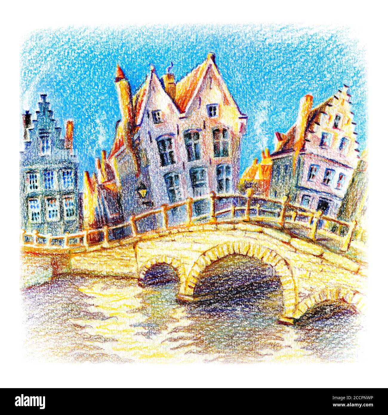 Urban sketch of Bruges canal with bridge and beautiful medieval houses at sunset, Belgium. Drawing with colored pencils Stock Photo