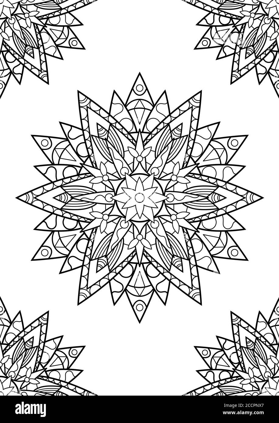 Ornamental mandala adult coloring book page. Zentangle style coloring page.  Mandala black outline. Stock Vector