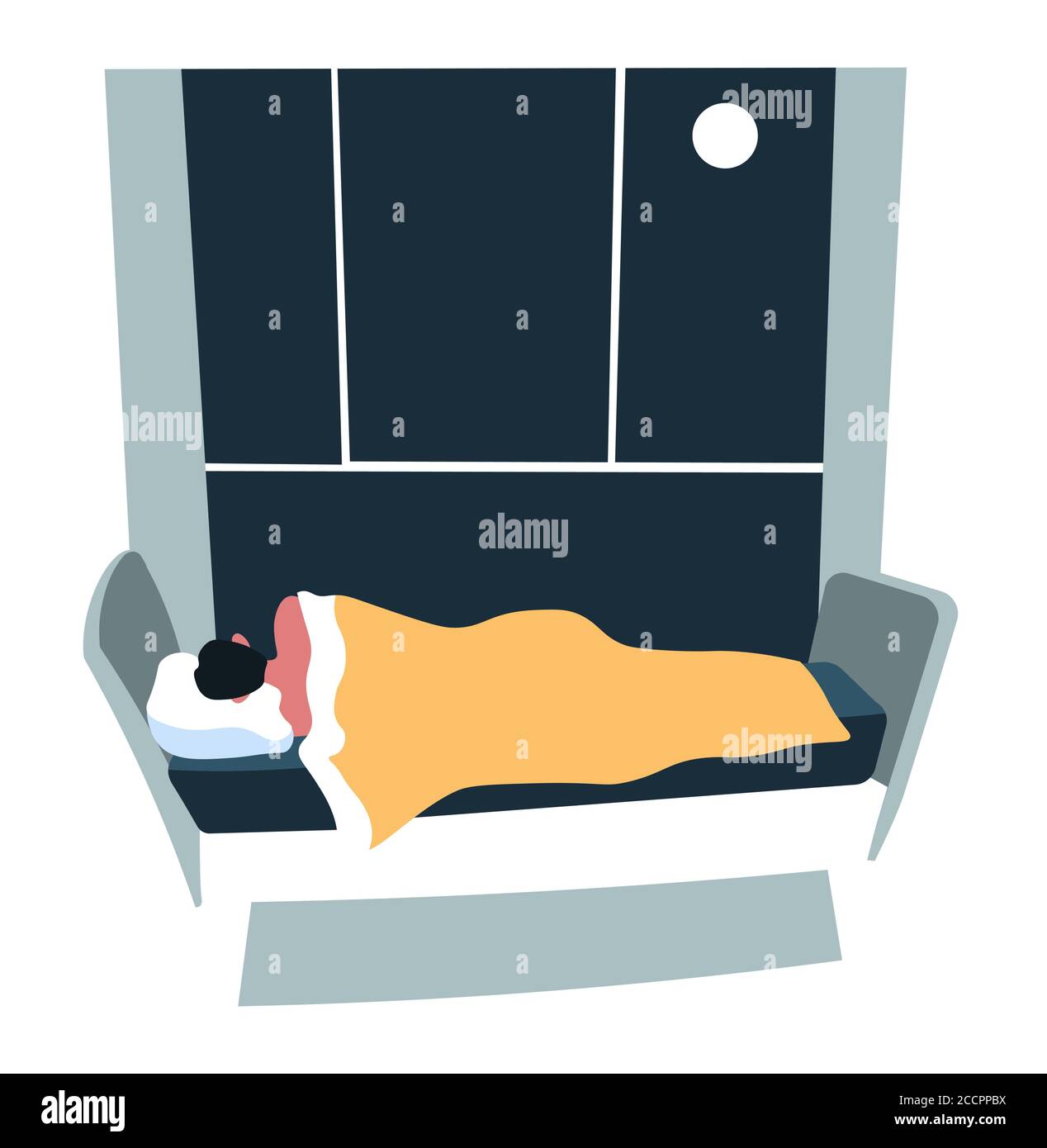 Sleeping at night, character laying bed in evening Stock Vector