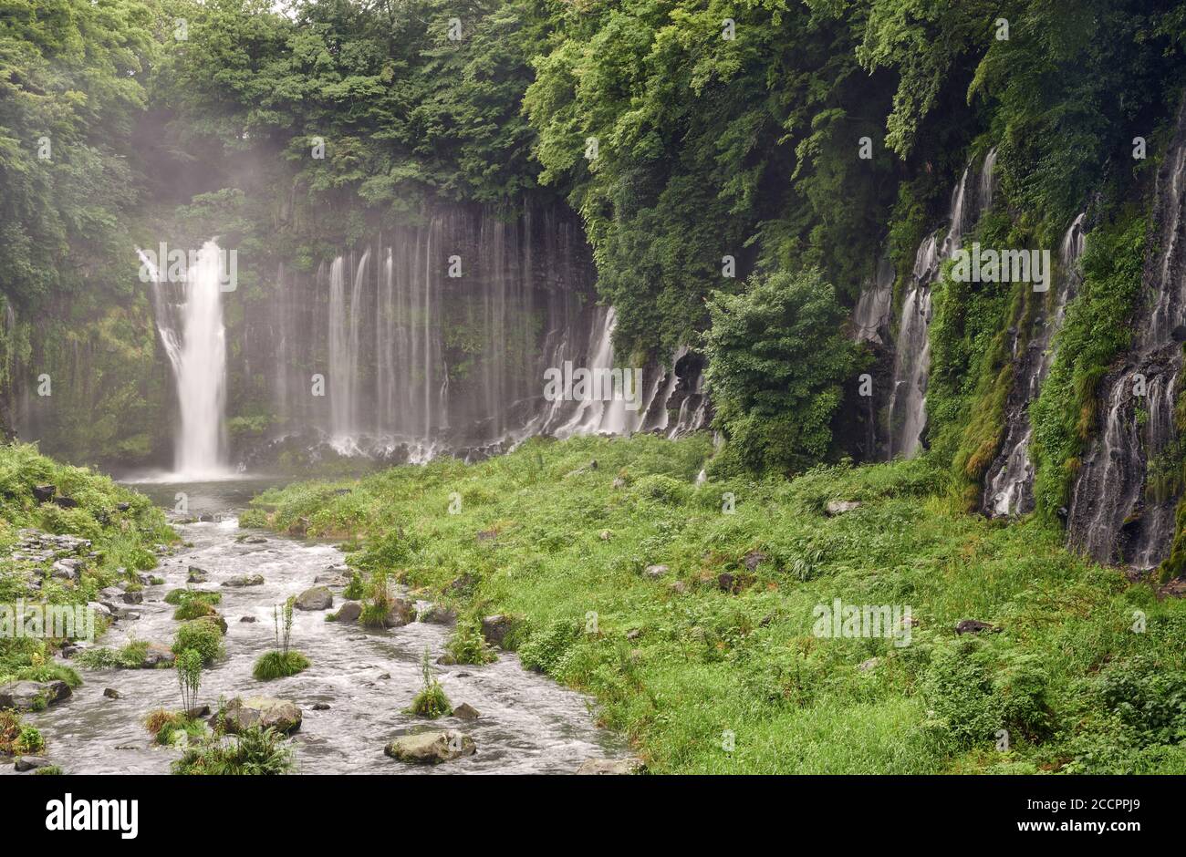 Rainy day at Shiraito Falls, a waterfall near Mount Fuji, Japan. Stock Photo