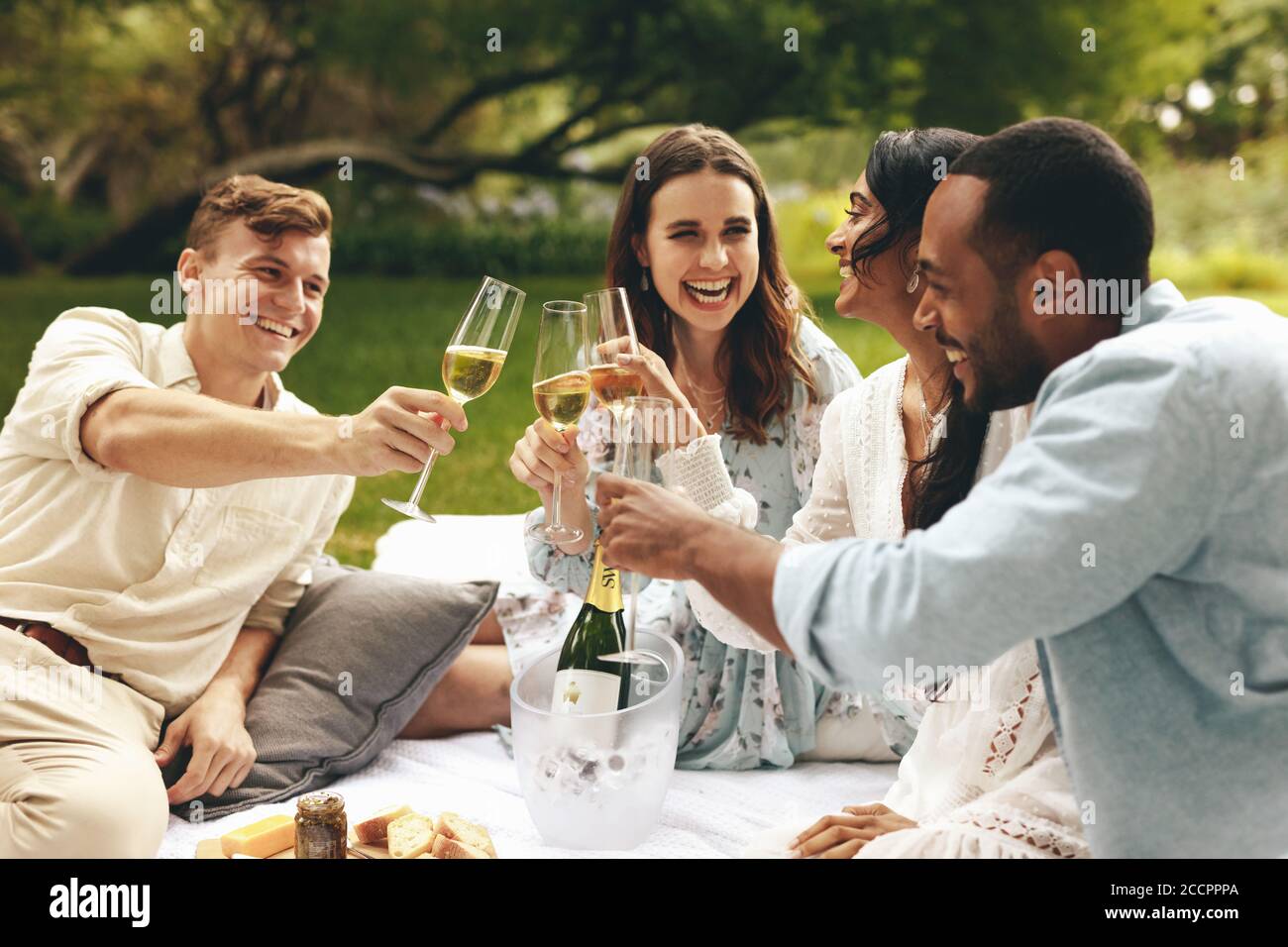 Multiethnic friends clinking champagne glasses while sitting at park