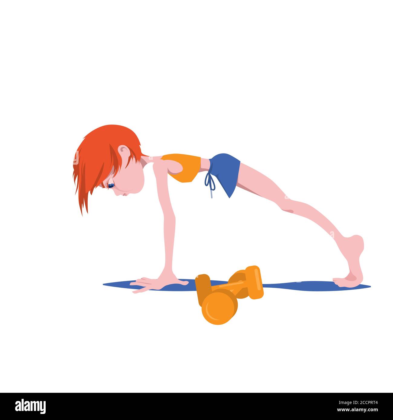 Redhead girl goes in for sports. Healthy lifestyle. Cartoon character woman vector illustration in flat style Stock Vector