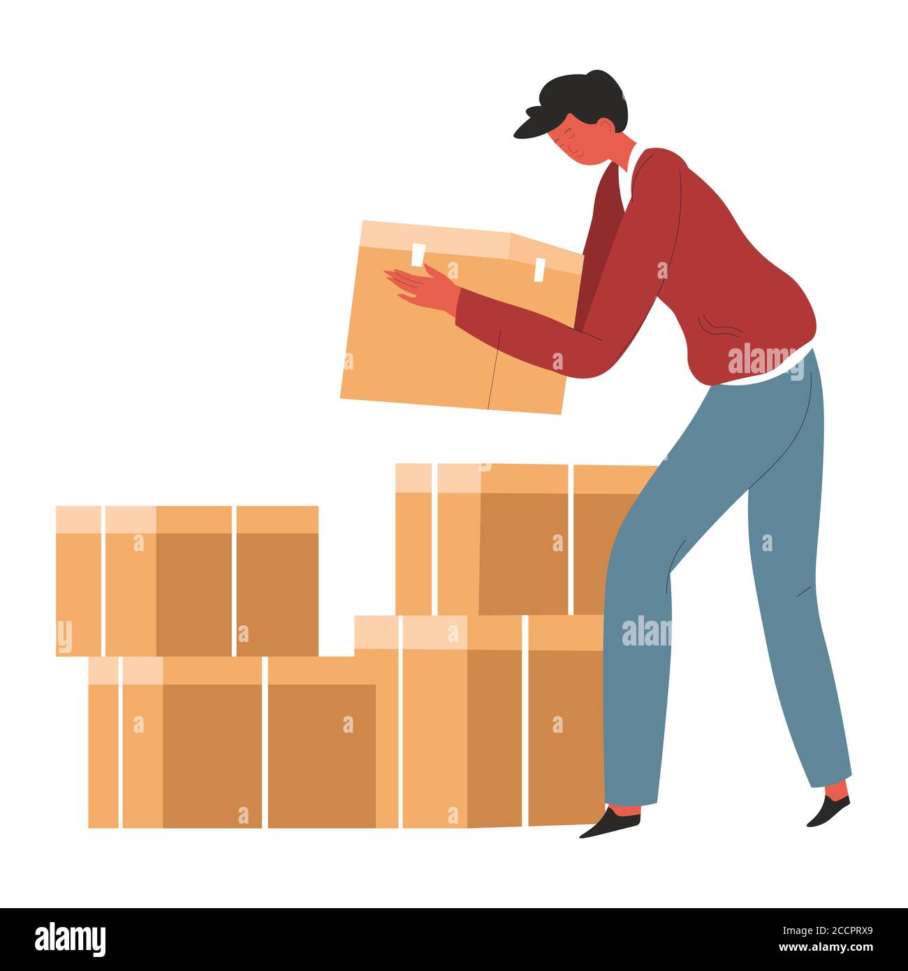 Man with cardboard boxes, humanitarian help or warehouse Stock Vector