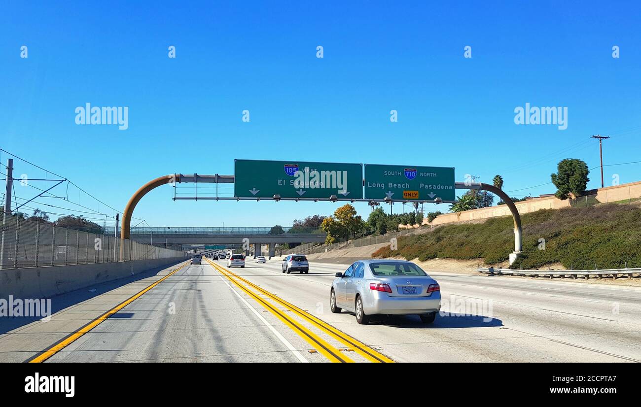 California highway in the carpool lane, Los Angeles California, United