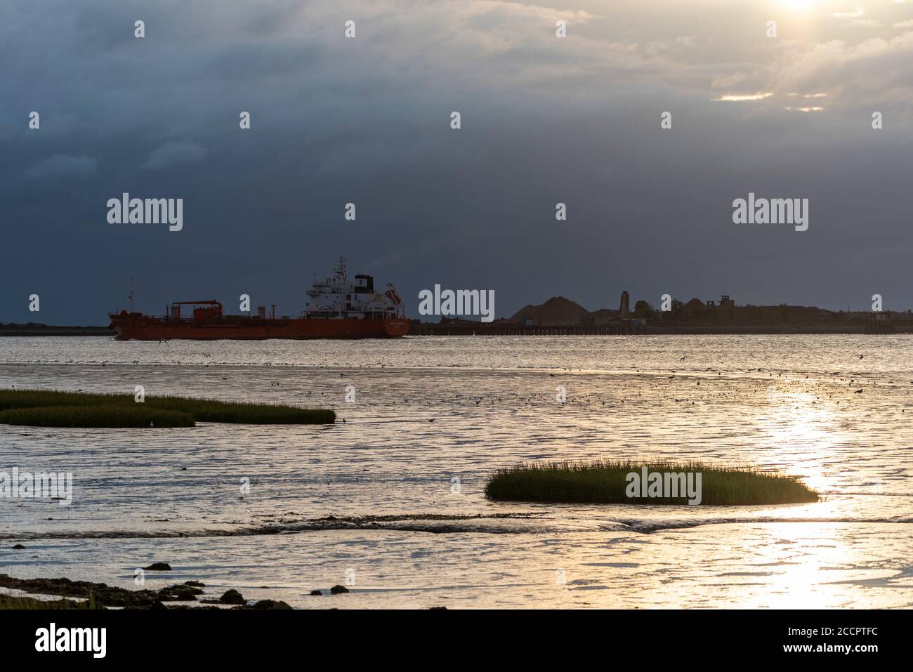 Cargo ship on the River Thames at Coalhouse Fort, East Tilbury, Thurrock, Essex, UK, at dawn heading into bad weather. Dark skies, threatening Stock Photo