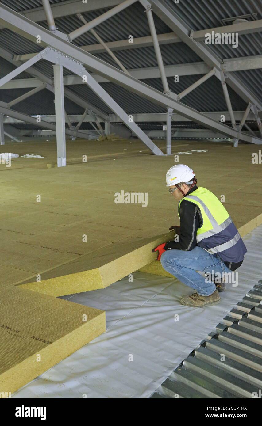 A workman lays insulation slabs in the roof space of a large industrial unit in East London, UK. Stock Photo
