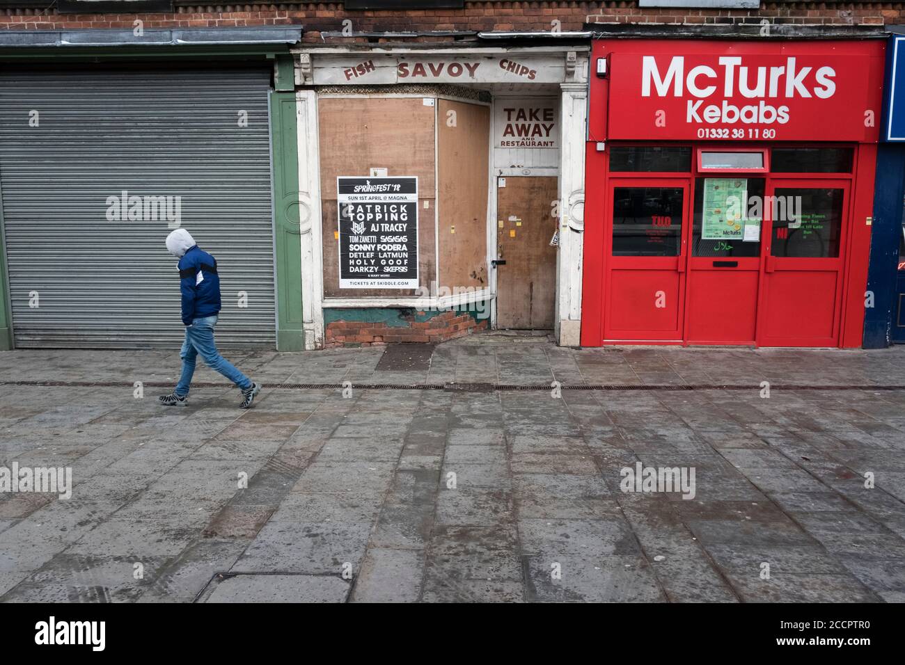 Closed down fish and chip shop and a kebab shop, Derby, England Stock Photo