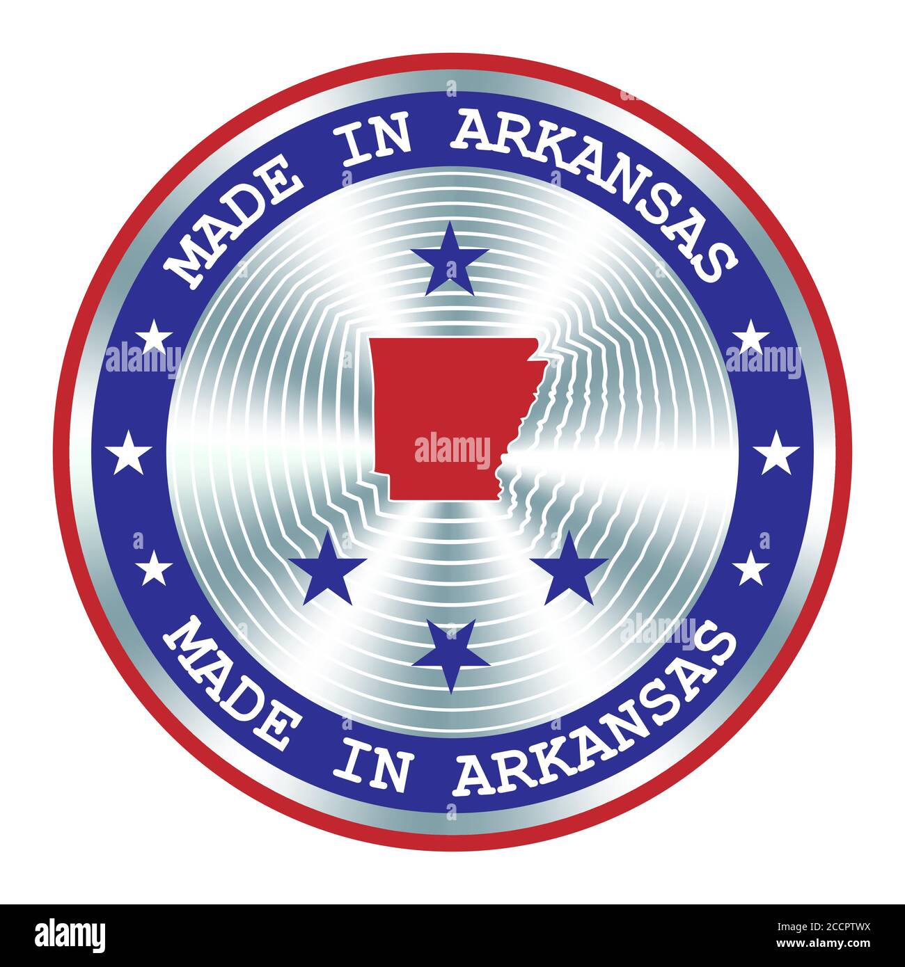 Made in Arkansas local production sign, sticker, seal, stamp. Round hologram sign for label design and national marketing Stock Vector
