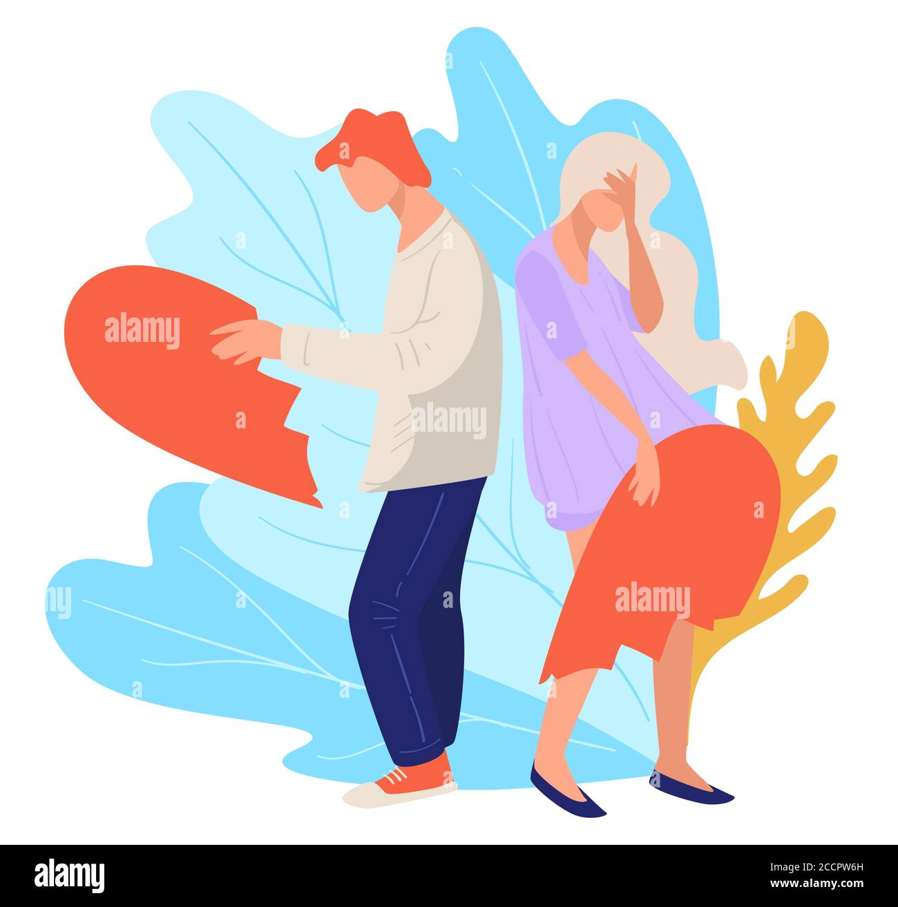 Breakup of man and woman, boyfriend and girlfriend with pieces Stock Vector