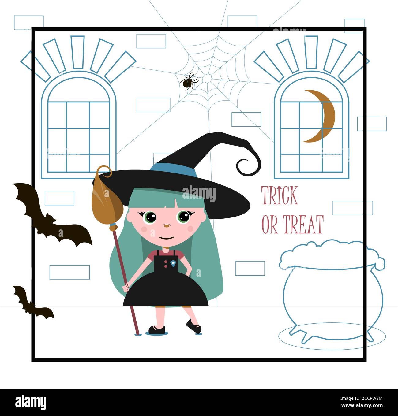 A little witch in a big black hat with a broom and a potion pot. Flat vector postcard for Halloween. An illustration with a greeting inscription, spiders, garlands and a funny girl in a cute dress. Autumn card for all saints day with orange background Stock Vector