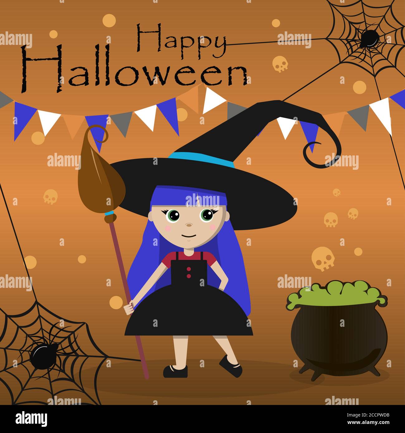 A little witch in a big black hat with a broom and a potion pot. Flat vector postcard for Halloween. An illustration with a greeting inscription, spiders, garlands and a funny girl in a cute dress. Autumn card for all saints day with orange background Stock Vector