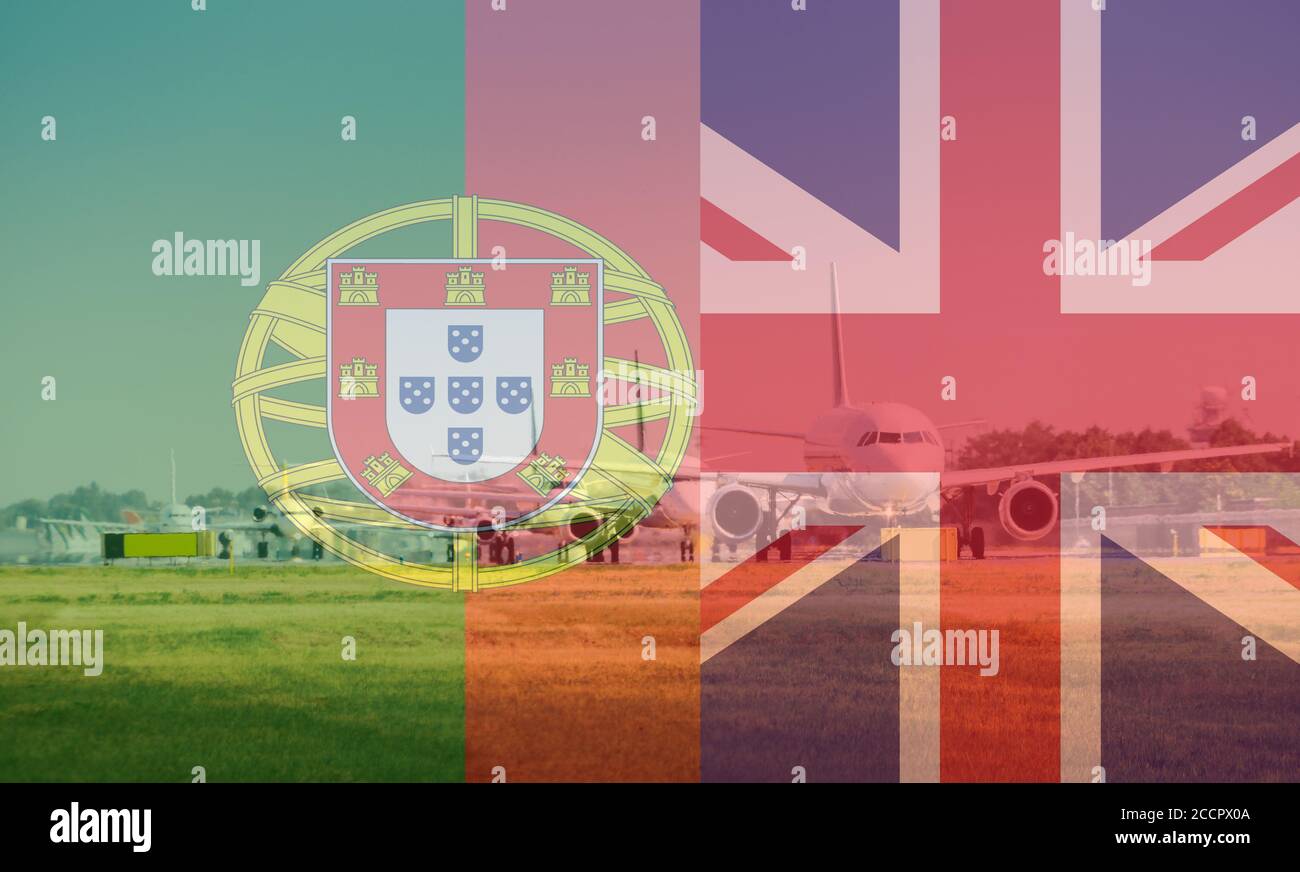 Airplanes on runway with Portuguese and UK national flags Stock Photo ...