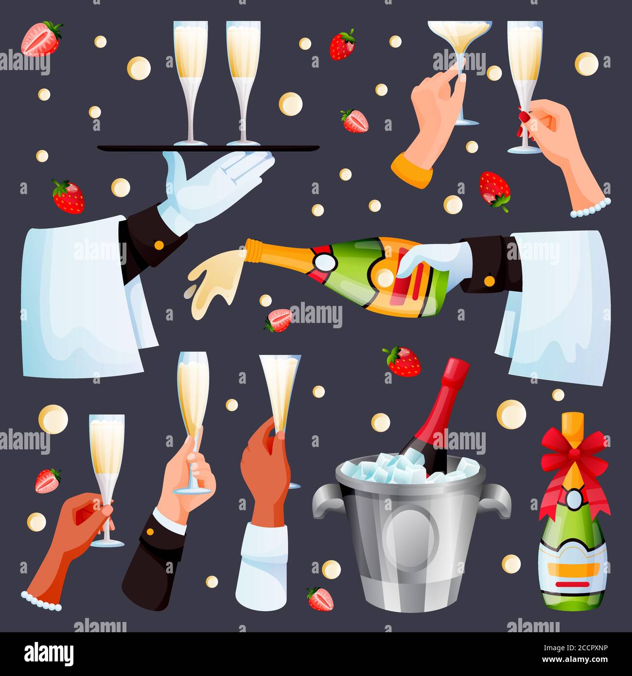 Human black and white hands holding drinking glasses and champagne bottle. Vector flat cartoon illustration of waiter pours and carries champagne. Men Stock Vector
