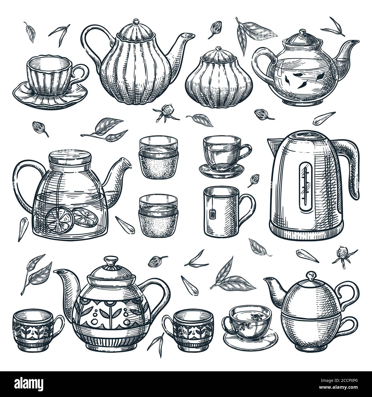 Teapots and tea cups collection. Vector hand drawn sketch illustration. Ceramic, glass, porcelain utensil icons set. Kitchenware and home decoration i Stock Vector