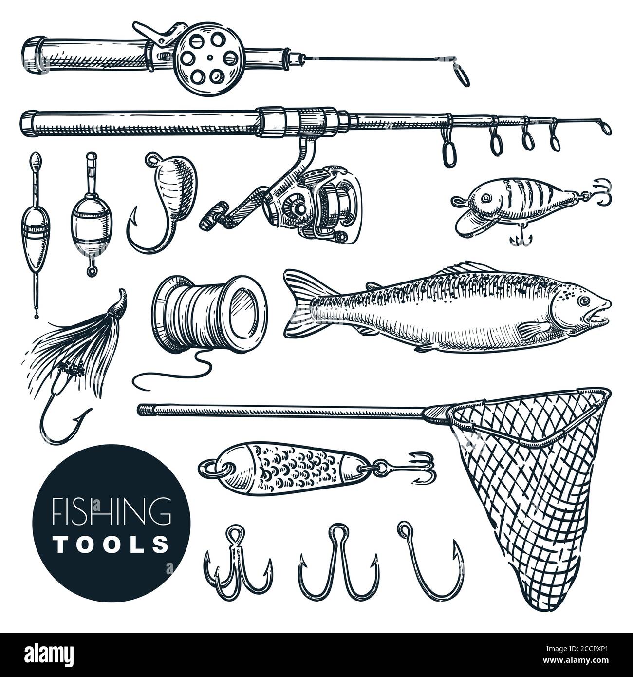 https://c8.alamy.com/comp/2CCPXP1/fishing-equipment-isolated-on-white-background-vector-hand-drawn-sketch-illustration-rod-bait-hook-salmon-fish-tackle-icon-set-2CCPXP1.jpg