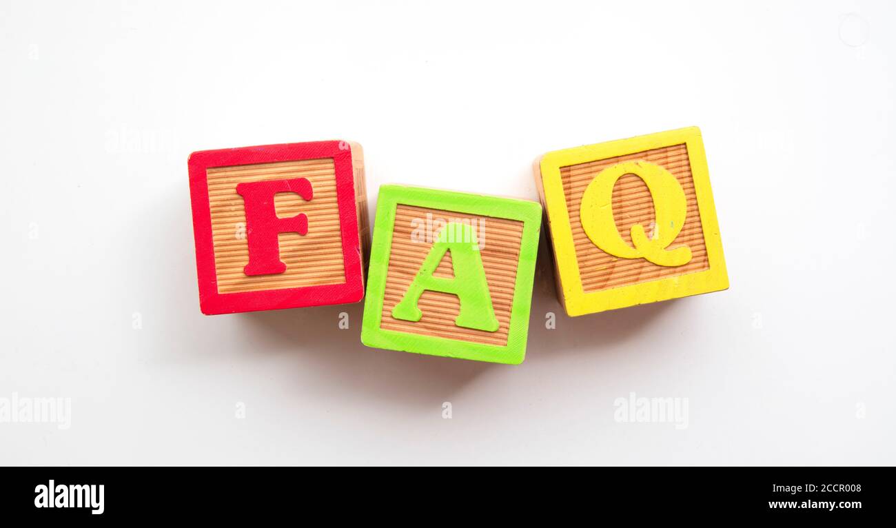 FAQ word made from colourful wooden baby development blocks Stock Photo