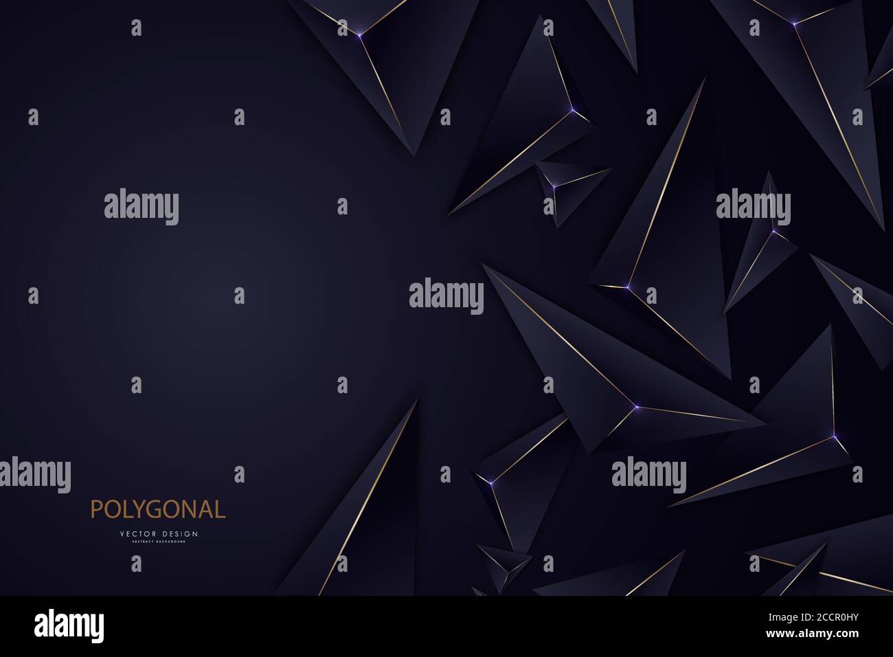 Abstract background with 3d triangles.Luxury of dark blue with gold line modern design. Stock Vector