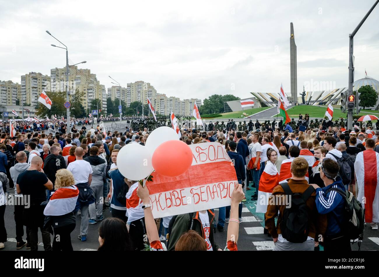 Minsk, Belarus - August 23, 2020: Belarusian people participate in peaceful protest after presidential elections in Belarus Stock Photo