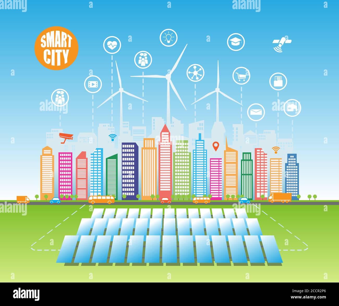 Smart green cities consume alternative natural energy sources with