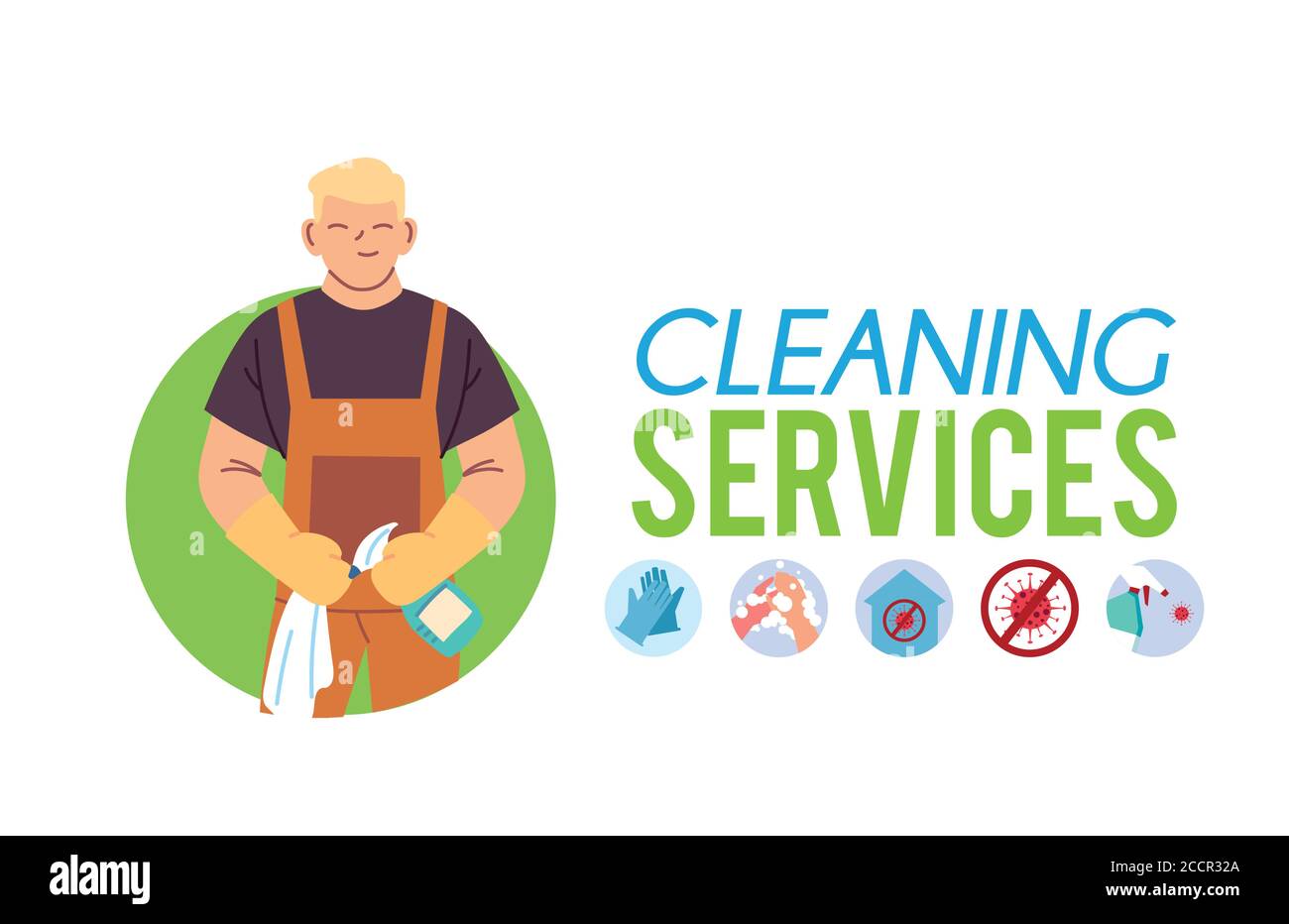 young man with apron and gloves for washing and cleaning vector illustration desing Stock Vector